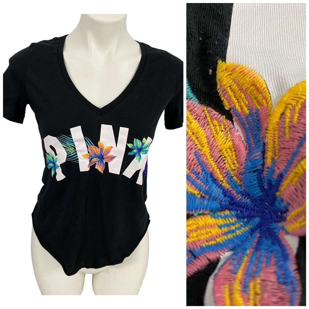 Victorias Secret PINK Top Womens XS Embroidery Floral Tropical Black Resort Pool